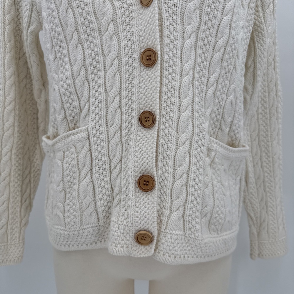 L.L. Bean Womens Cream 100% Cotton Cable Knit Cardigan Size Small Classic - Picture 3 of 9